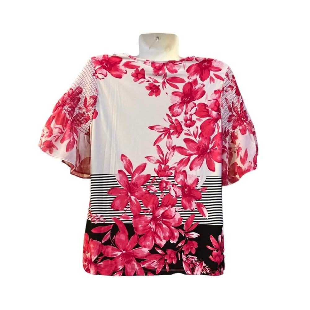 Calvin Klein Women's Pink/Blk/White Floral Striped Flutter Sleeve Bouse | Size M - Picture 2 of 11